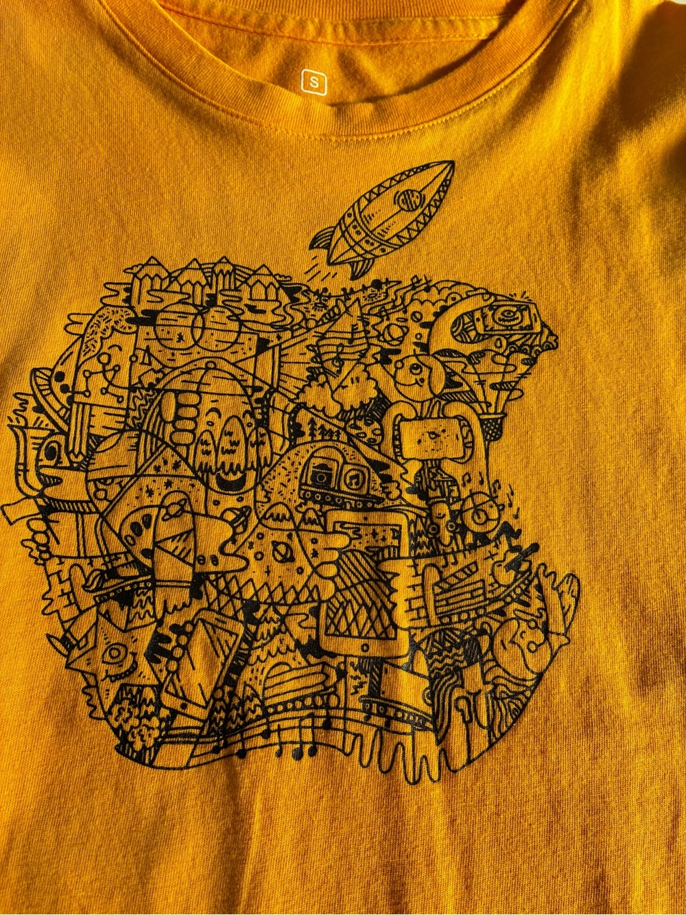 Yellow Graphic T-Shirt with Black Doodle Apple Design Computer Camp